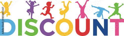 Colorful Silhouettes of Playful Children Jumping and Running on Large Letters Spelling Discount for Retail Sale Promotion on White Background