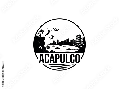 Acapulco city of Mexico skyline emblem with landmarks