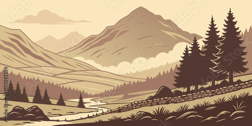 Scottish Highlands layered mountain retro design