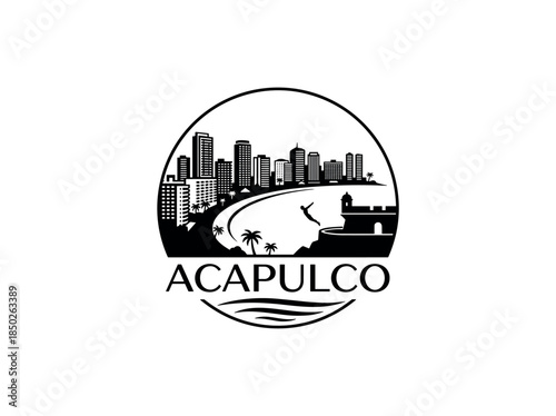 Acapulco city of Mexico skyline emblem with landmarks
