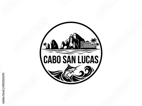 Cabo San Lucas city of Mexico skyline emblem with landmarks