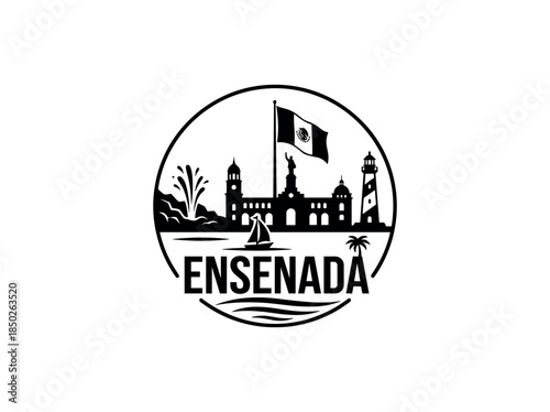 Ensenada city of Mexico skyline emblem with landmarks
