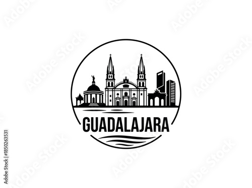 Guadalajara city of Mexico skyline emblem with landmarks