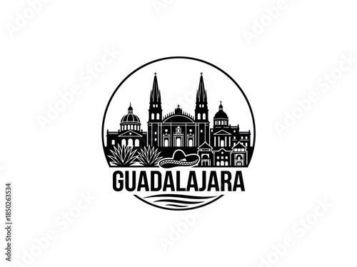 Guadalajara city of Mexico skyline emblem with landmarks