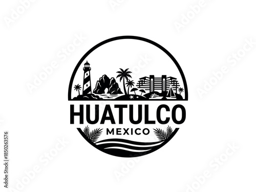 Huatulco city of Mexico skyline emblem with landmarks