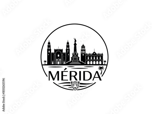Merida city of Mexico skyline emblem with landmarks