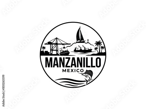 Manzanillo city of Mexico skyline emblem with landmarks