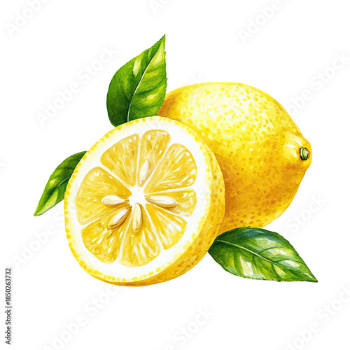 Vibrant lemons with green leaves on black background