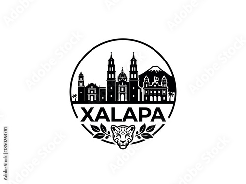 Xalapa city of Mexico skyline emblem with landmarks