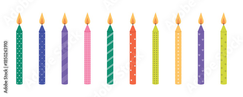 Festive party candles with bright flames. Decorative cake toppers with patterns for birthday, holiday and carnival events