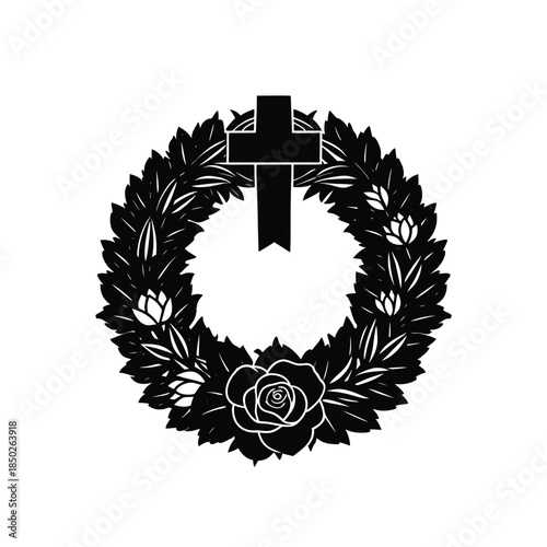 Religious funeral wreath with cross and rose flower symbol black silhouette vector illustration