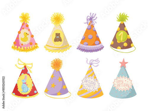 Vector set of cute birthday party hats for kids. Collection of colorful caps with animals and numbers for New Year and carnival celebration
