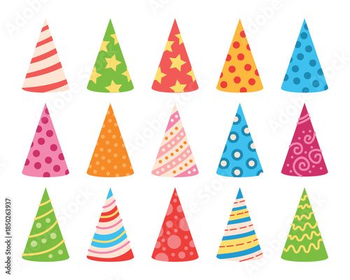 New Year holiday headwear collection. Festive caps with stripes and swirls for happy birthday and carnival photobooth