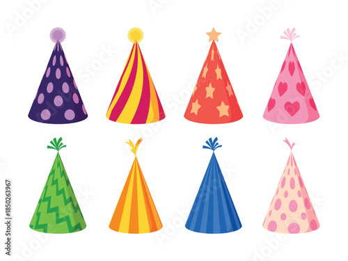 Vector set of colorful party hats with various patterns. Collection of festive caps for birthday, New Year and carnival celebration
