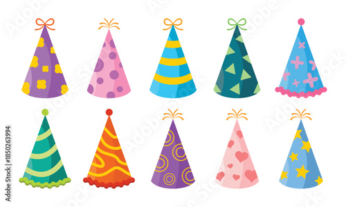 New Year and carnival party cones. Vector set of cute birthday hats with geometric patterns and tassels