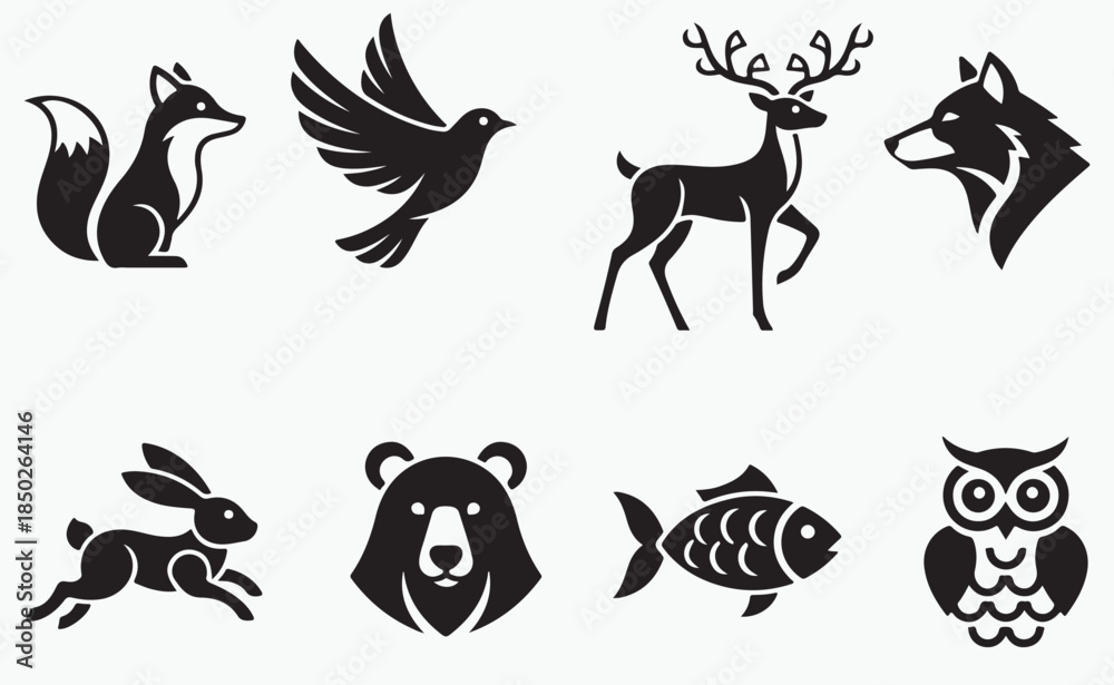 Obraz premium Bold Wild Animals Black Silhouette Icon Set for Logo Design