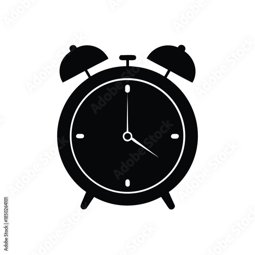 Alarm clock vector icon in black style on white background for time and wake up needs