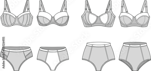 Line Art Illustrations of Bras and Panties in Different Styles on White Background lingerie underwear