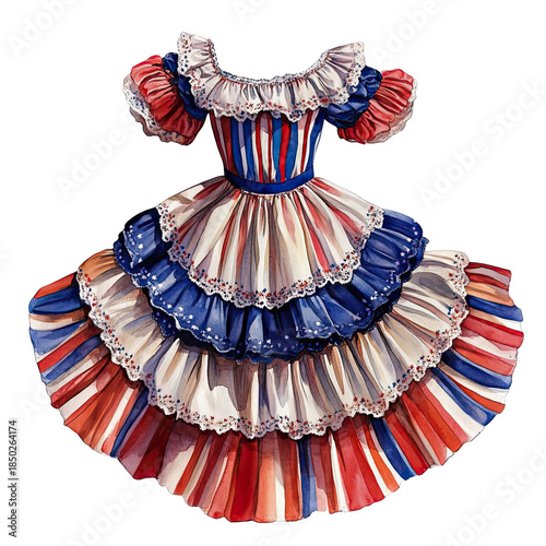 Vibrant red white and blue dress with ruffles and lace details