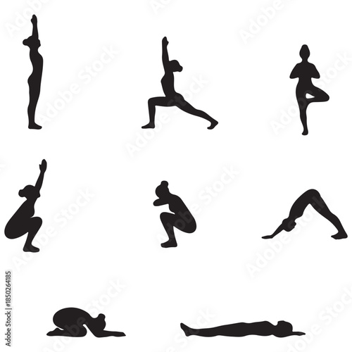 Female Yoga Poses Collection Flat Style Vector Illustration Set