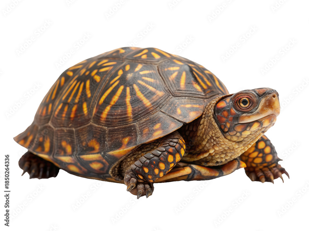 Fototapeta premium Beautifully patterned and intricately detailed eastern box turtle with a highly textured, dark brown and vibrant orange carapace, slowly extends its head and, isolated on transparent background.