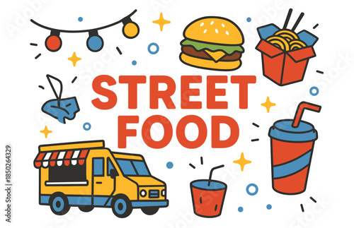 Colorful street food icon set with burger, noodles, and food truck