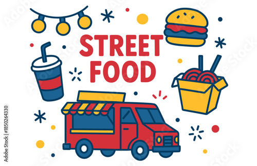 Street food fun: burger, noodles, and drink icons with food truck