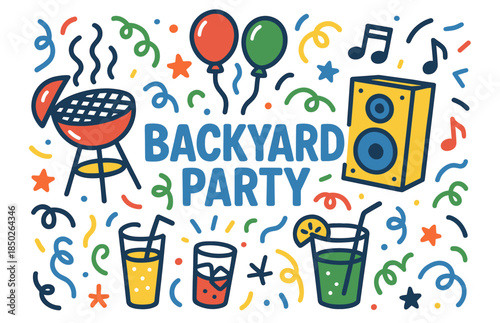Colorful backyard party celebration with grill, balloons, and drinks