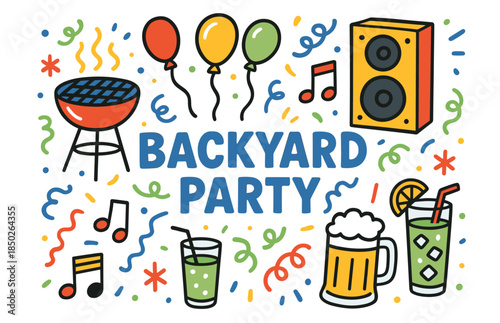 Colorful backyard party celebration with bbq, balloons, and music