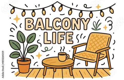 Cozy balcony scene with chair, plant, and coffee under string lights