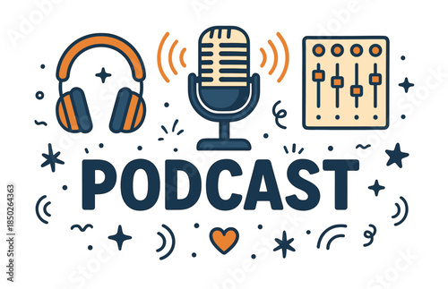 Podcast symbols featuring microphone headphones and mixer for audio production enthusiasts