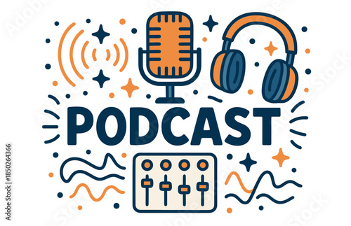 Podcast theme with microphone, headphones, and sound mixer elements in blue and orange