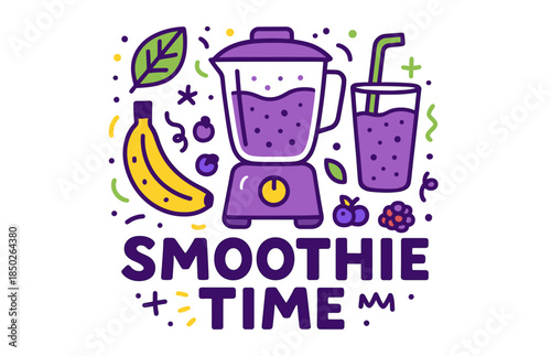 Colorful smoothie time with blender, banana, berries, and drink glass