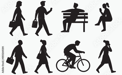 Urban People Everyday Activities Black Silhouette Vector SetUrban People Everyday Activities Black Silhouette Vector Set