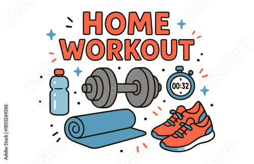 Home workout essentials dumbbells mat stopwatch bottle sneakers fitness