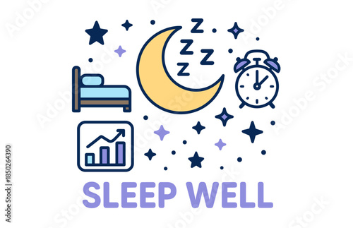 Sleep well: moon, stars, bed icon and clock for restful nights