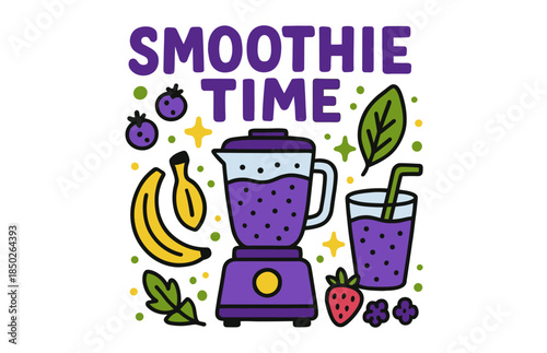 Colorful smoothie time design with blender, fruits, and berries