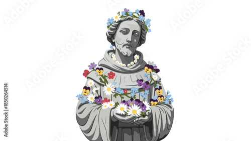 Serene stone statue of a monk or saint adorned with vibrant flowers as a garland and holding a bouquet in its hands, symbolizing peace.