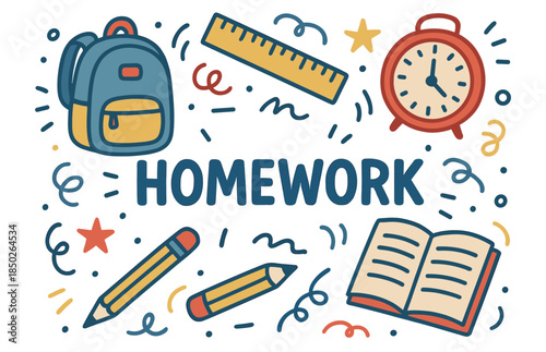 School supplies for homework with backpack, ruler, clock, pencils, and open book