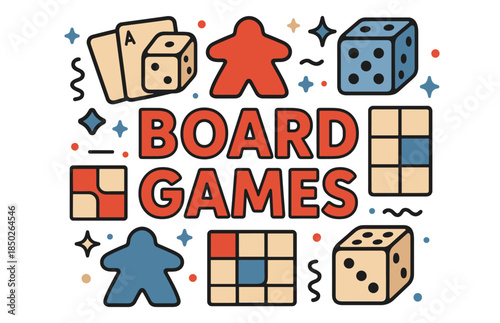 Colorful board games icons with dice, cards, and meeples