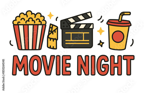Fun movie night: popcorn, clapperboard, ticket, and soda icons