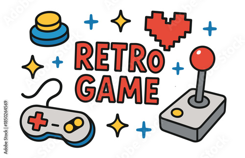 Colorful retro game icons with joystick and heart symbols
