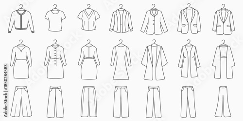 Outline Illustrations of Women's Clothing on Hangers Keywords: clothing, fashion, apparel, women, female, garments, outfit