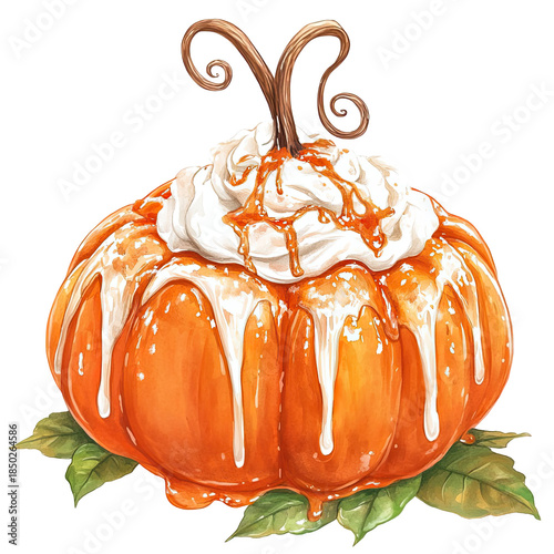 Delicious pumpkin dessert with caramel and whipped cream topping