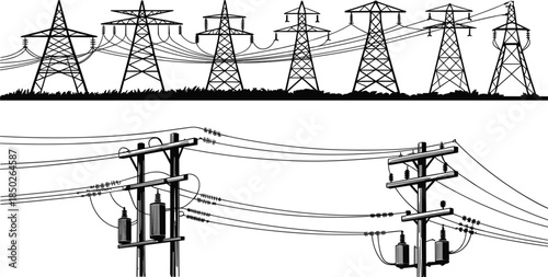Overhead Power Line Towers and Wooden Poles with Transformers Keywords: power lines, electricity, transmission, distribution