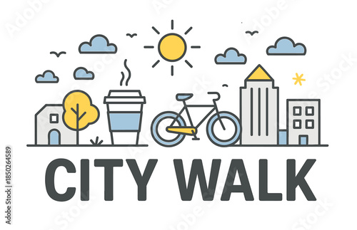 City walk: urban exploration with bicycle and coffee under sun and clouds