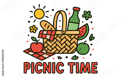 Colorful picnic basket with fruits and beverage on a sunny day
