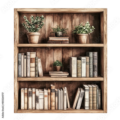 Cozy wooden bookshelf with books and plants on rustic shelves