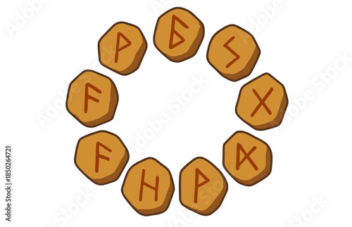 Circle of ancient nordic runes on stones: mystical symbols in ring formation