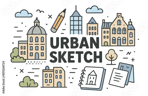 Urban sketch style of architectural buildings and cityscape elements